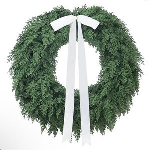 My Texas House 22" Evergreen Natural Feel Cedar Wreath w/ White Bow, New!